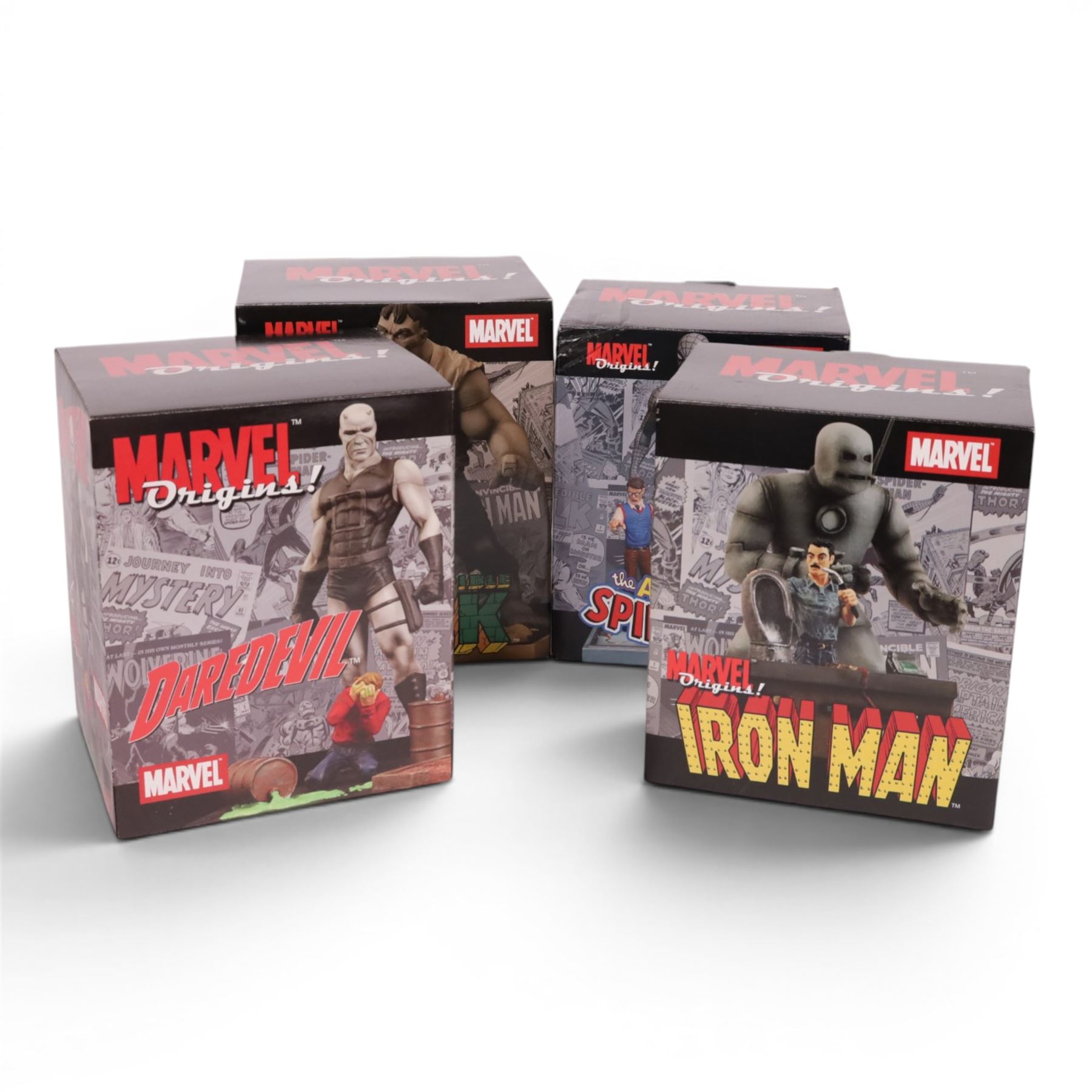Four Diamond Select Toys limited edition Marvel Origins figures, comprising The Incredible Hulk, Amazing Spider-Man, Iron Man and Daredevil, all boxed with certificates of authenticity