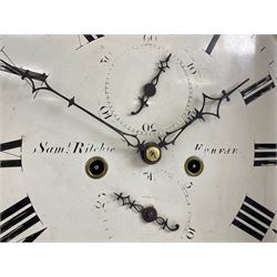 Samuel Ritchie of Forfar - William IV 8-day Scottish longcase clock in a mahogany case, with a swans neck pediment, brass paterae and three ball and spire brass finials, case and trunk inlaid with satinwood stringing on a plinth raised on decorative bracket feet, painted break arch dial depicting a costal scene to the break arch and conch seashells to the spandrels, Roman numerals, subsidiary seconds and date dials with matching steel hands, with a rack striking movement striking the hours on a bell. With weights, key, and pendulum.  Samuel Ritchie is recorded as working in Forfar 1800-37.