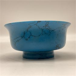 Carved single piece turquoise bowl with fluted rim, upon a raised footed base, D10cm, H5cm