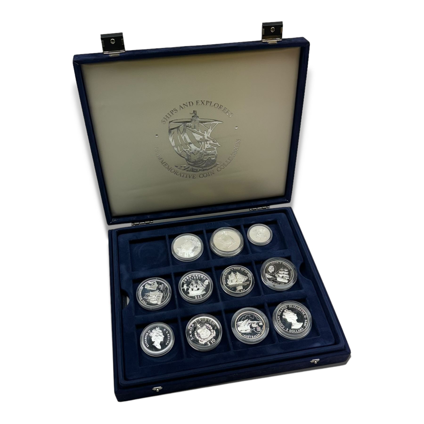 Eleven silver coins from 'The Official Silver Commemorative Coin Collection Ships and Explorers' all with certificates, housed in the official collectors case