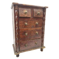 Scratch built stained pine chest of drawers, with two short drawers above three longer with brass knobs, H51cm D22cm W36cm
