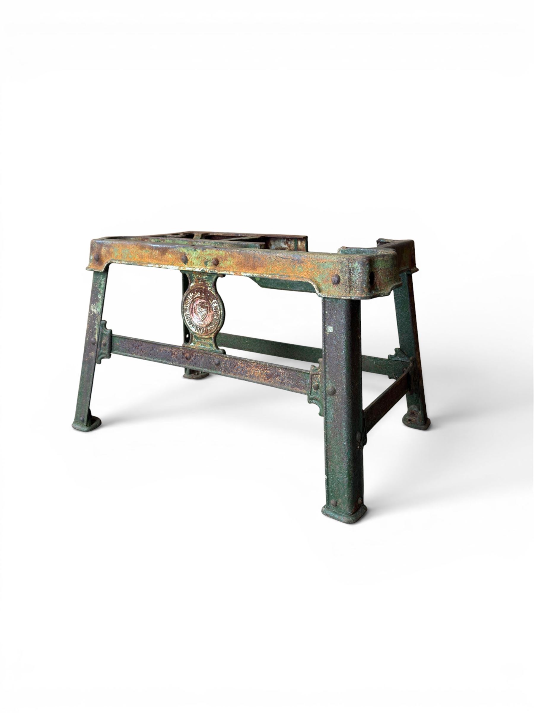 19th century heavy cast iron garden / machine table base, by Henry Bamford & Sons, with plaque, no. 3374, part of the JCB family