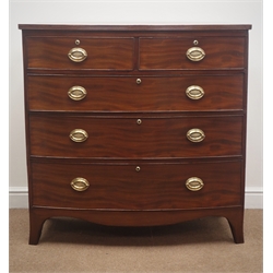  Early 19th century inlaid mahogany bow front chest, two short and three long drawers with oval brass plate handles, splayed feet, W105cm, H105cm, D54cm  