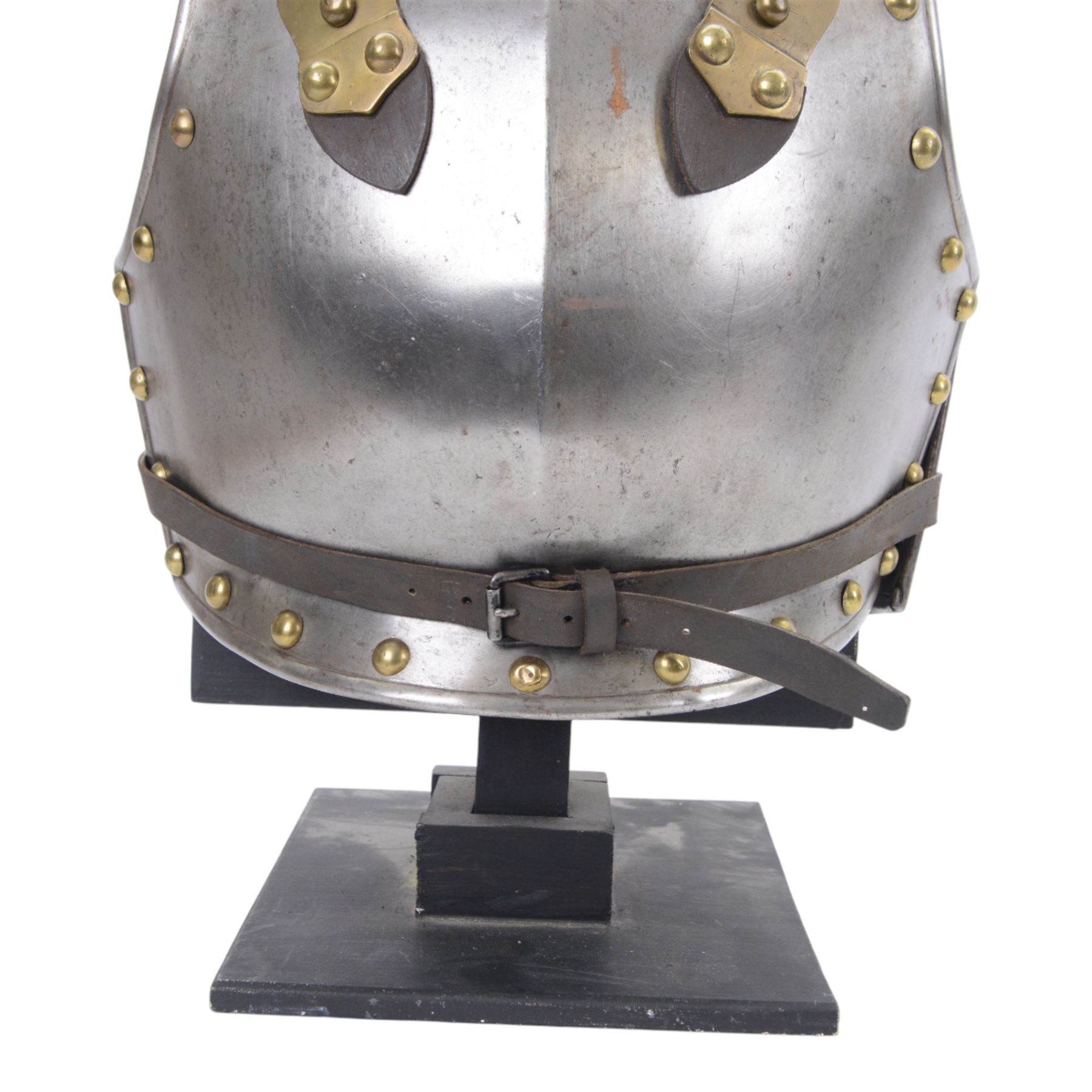 Napoleonic Belgium Cuirassier breast and back plate, circa 1814, with raised medial ridge and shallow apron, rolled edge and brass studded decoration, the shoulder chains secured by chest studs, H40cm