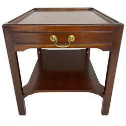 Mahogany side table or end table, the dished rectangular top with moulded edge, fitted with single end drawer, moulded square supports with inner chamfer united by under-tier 