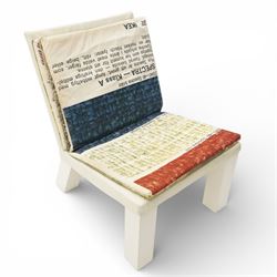 IKEA - ‘Selma’ chair designed by Front in 2009, the shaped wooden frame with white leather back and trim, fitted with cotton cushions with four interchangeable prints inspired by Swedish textile history