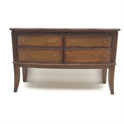 Regency style serpentine front mahogany sideboard, four graduating drawers, reeded outsplayed tapering supports, W148cm, H93cm, D52cm