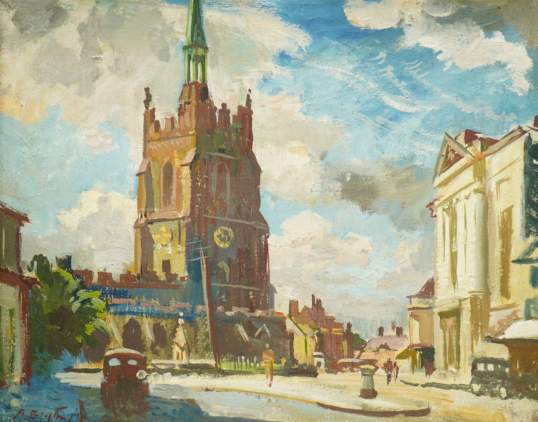 Alan Blyth (British 1889-1953): 'St Peters Church - Sudbury Suffolk, oil on board signed, labelled verso 32cm x 40cm