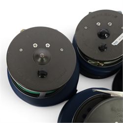 Four Hardy Bros Marquis fly fishing reels, comprising three No. 3 salmon reels and a No.1 Salmon reel, all within blue Hardy cases