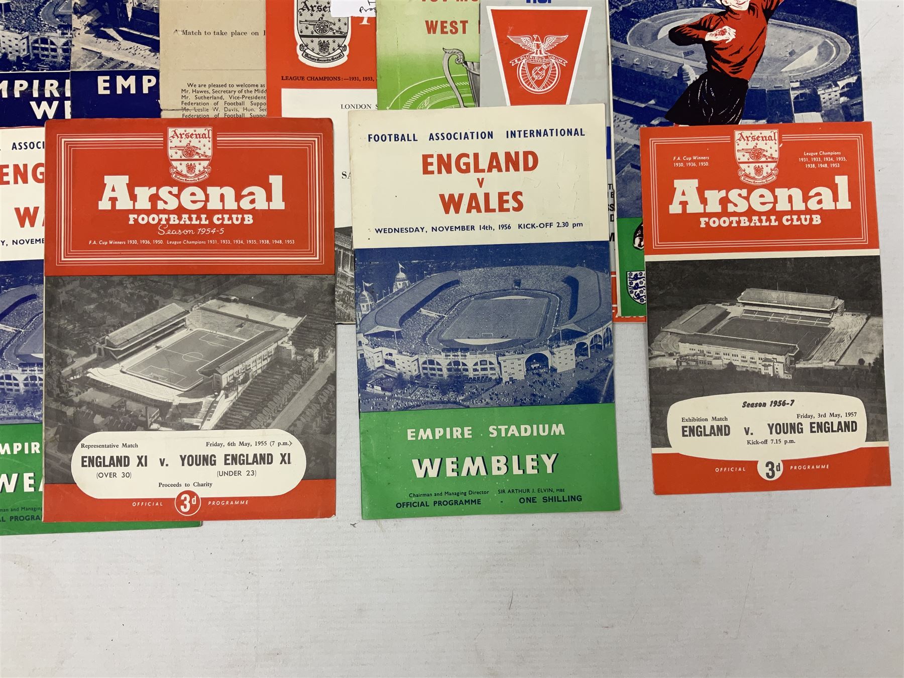 Football programmes - thirteen various England and England Youth matches 1953-77; European Cup Winners Cup Final May 19th 1965 TSV Munchen 1860 v West Ham; European Champions Club Cup Final May 29th 1968 Benfica (1) v Manchester United (4), the famous Bobby Charlton final; seven Wealdstone F.C. 1950-66 including London Senior Charity Cup Final May 10th 1952; Harrow Town Football Challenge Cup April 14th 1948; and eight F.A. Amateur Cup Finals and Semi-Finals plus three song sheets 1956-68 (34)
