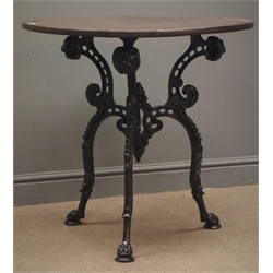  Victorian ornate cast iron table with circular mahogany top, D76cm, H73cm  