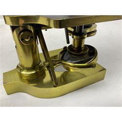 19th century brass monocular microscope by R. & J. Beck London No.18760 with hinged column and pitchfork base H25cm; in fitted mahogany case with two lenses