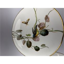 19th century Minton dessert service, comprising four comports, one tazza, and twelve plates, each hand painted with birds perched upon branches, and further detailed with insects and heightened in gilt, with printed retailers mark beneath for John Mortlock Oxford Street London, and impressed Minton mark to most, comport H13.5cm, plates D23.5cm. 
