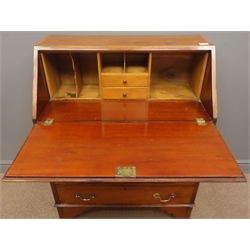  Early 20th century inlaid mahogany bureau, fall front enclosing fitted interior, four graduating drawers, bracket supports, W78cm, H99c, D41cm  