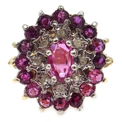  9ct gold ruby and diamond cluster ring, hallmarked  