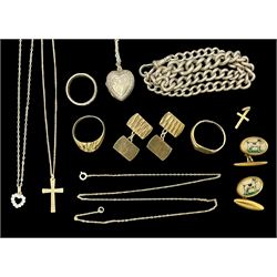 9ct gold jewellery, including stone set ring, signet ring, pair of cufflinks, cross pendant, together with a silver chain, heart locket and a pair of gilt terrier cufflinks, etc