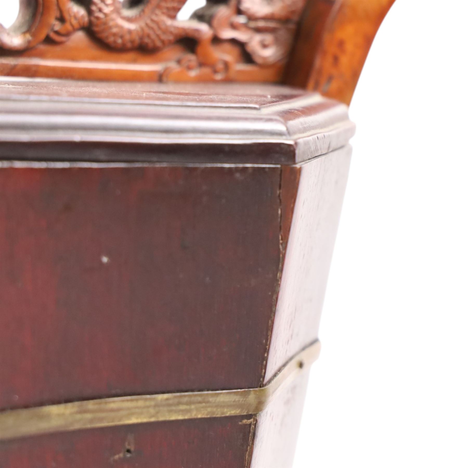 19th century Chinese red lacquer wedding basket, with a carved handle in the form of dragons, H25cm