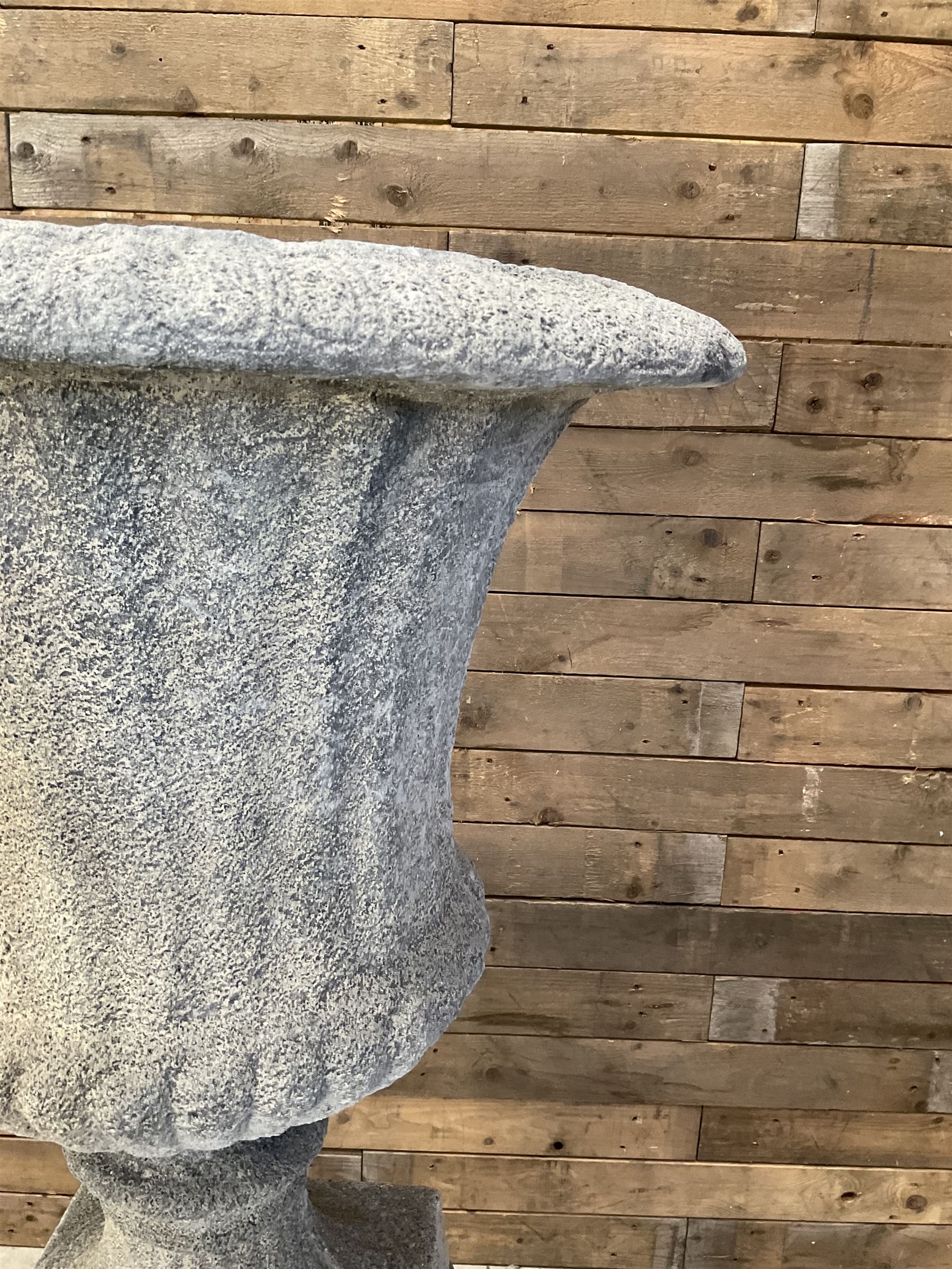 Large Georgian design cast stone garden centre-piece urn, egg and dart border, tapering column on square base, raised on square column