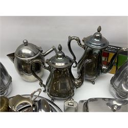 Pair of Beldray Arts & Crafts style chrome plated vases, each with hammered decoration, together with other metal ware including coffee pots, napkin rings, salver, chamberstick, etc 