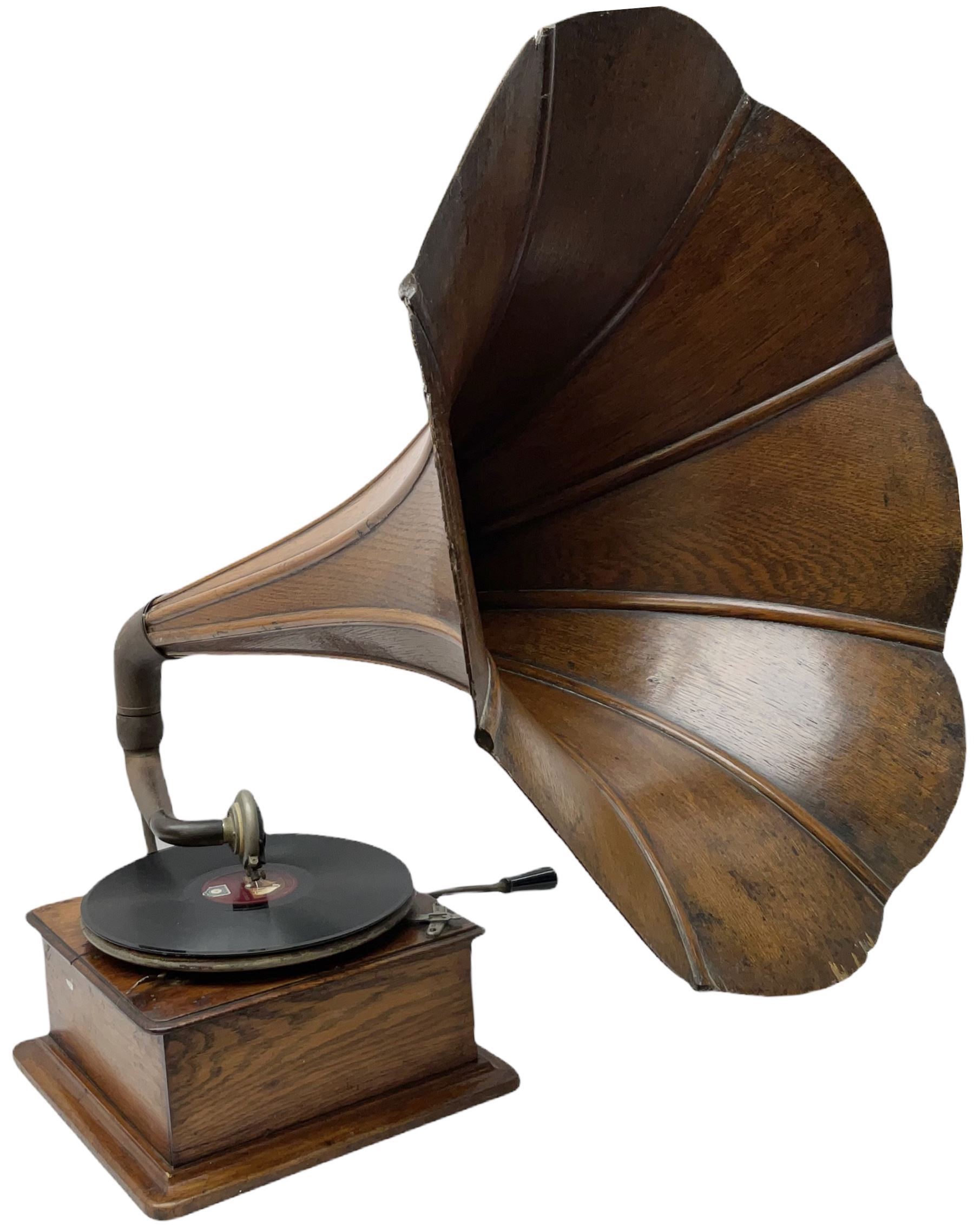 Early 20th century oak cased gramophone, the motor marked 'Garrard No.20 REF No.1030', with ribbed oak horn, base 30cm square; with one 78rpm record and Columbia tin of needles