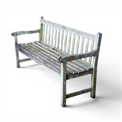Weathered teak garden bench, slatted seat and back, square form arms and legs