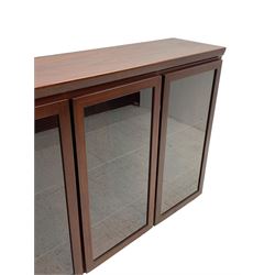 SKOVBY - hardwood veneered display wall unit or sideboard, enclosed by four glazed doors, fitted with adjustable shelves 