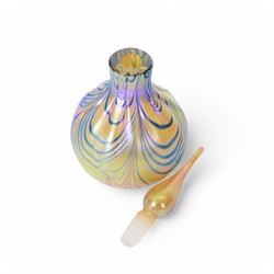 Okra glass vases, with iridescent trails upon an orange ground, together with two Okra scent bottles, all with original boxes 