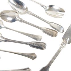 Collection of silver cutlery, including butter knife, apostle spoons, forks, etc, all hallmarked, together with Art Deco silver purse watch in green square shagreen case, silver mounted glass match striker, silver fruit knife with mother of pearl handle, silver mounted oval frame and a silver plated pencil