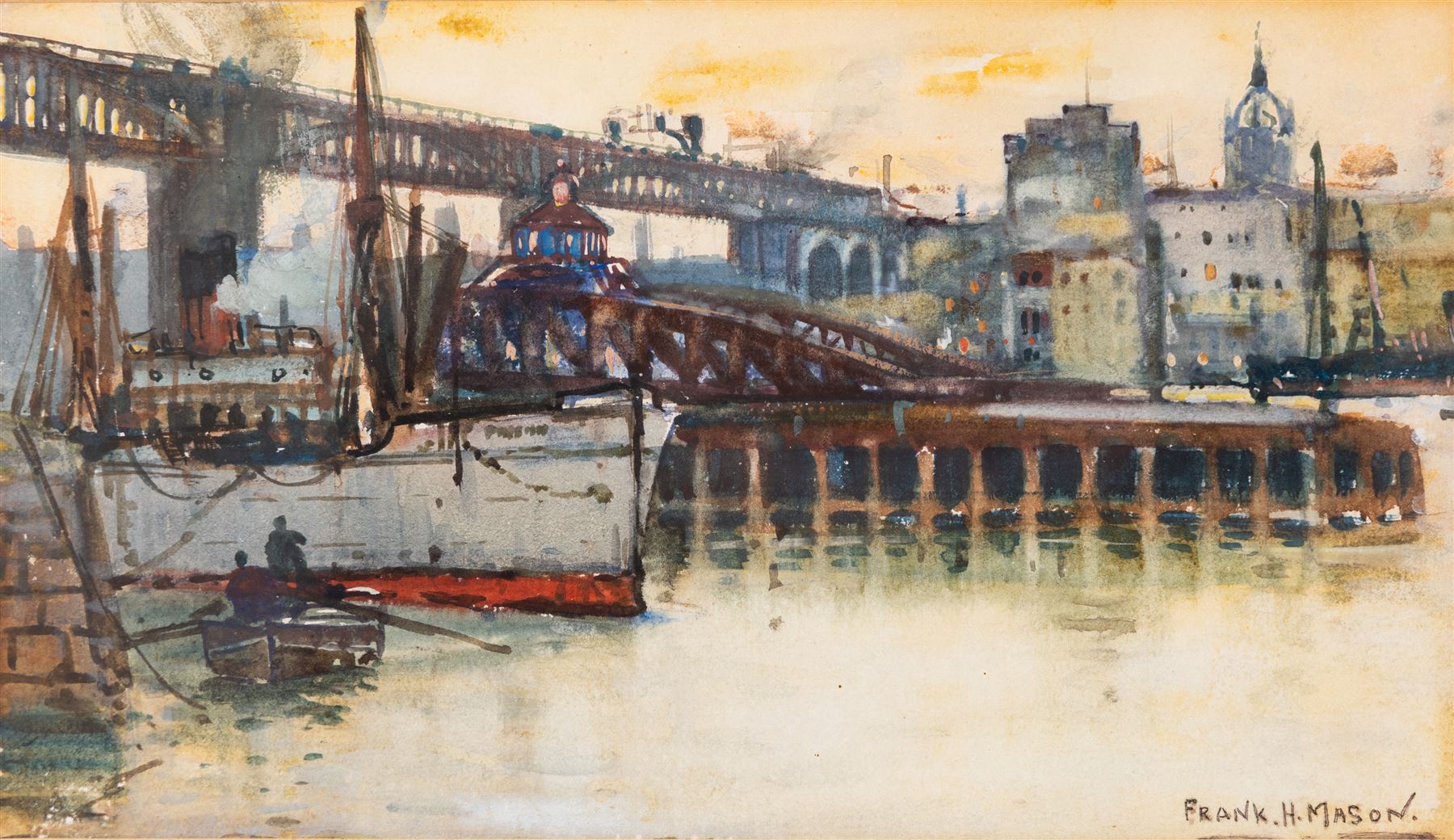 Frank Henry Mason (Staithes Group 1875-1965): 'Newcastle-on-Tyne - The Two Bridges', watercolour signed 15cm x 26.5cm 
Notes: later reproduced as a postcard by J J Longhurst, sold together with a framed example.