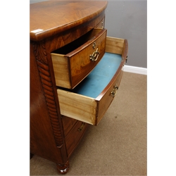  Victorian figured mahogany bow front chest, three long and two short drawers, W105cm, H121cm, D54cm  