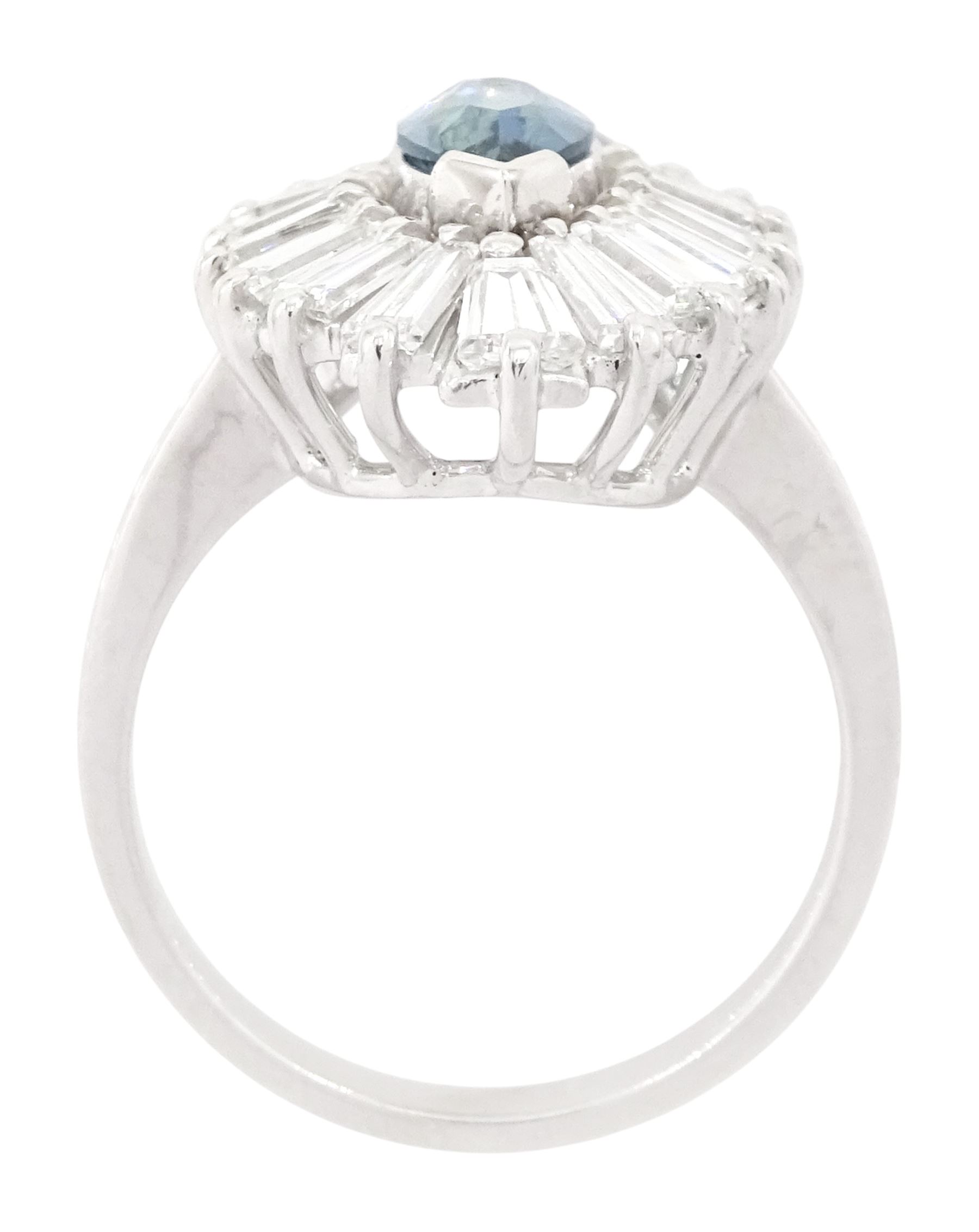 14ct white gold sapphire and diamond cluster ring, single unheated marquise cut teal sapphire of approx 0.93 carat, with tapered cut diamond surround, total diamond weight approx 2.20 carat, with Alan Poultney Gems report