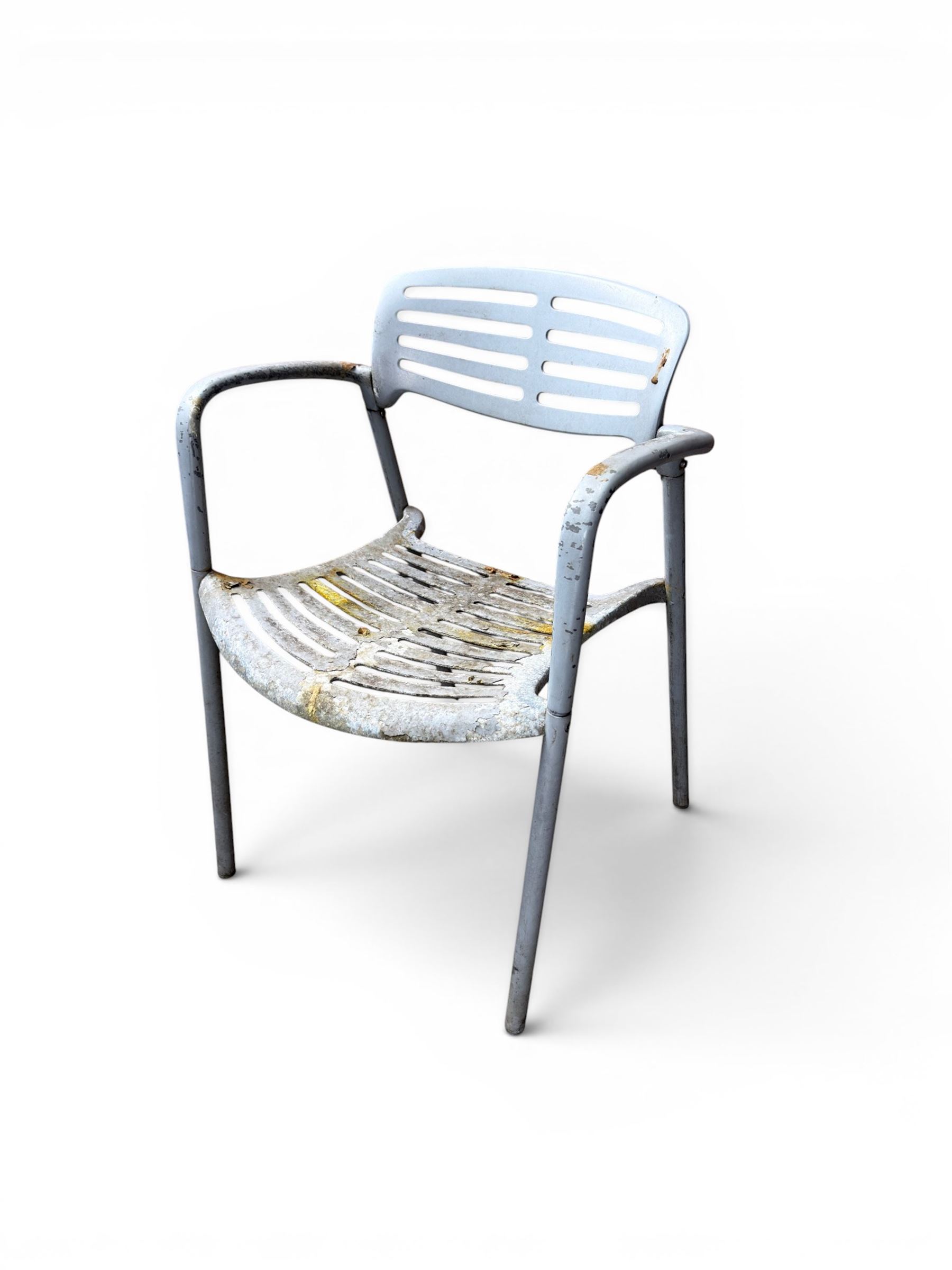 Set of eight mid-20th century painted aluminium garden armchairs, curved backs with shaped seat, stackable