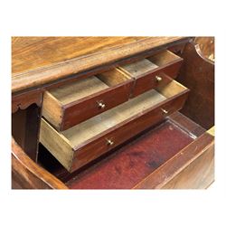 George III mahogany bookcase secretaire, dentil cornice over blind fret work frieze, enclosed by two astragal glazed doors, central secretaire drawer with fall front enclosing leather writing surface and small drawers, two flanking short drawers over double cupboard, on bracket feet
