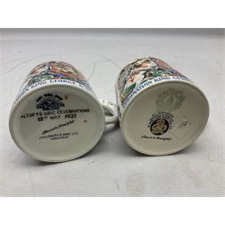 Two Dame Laura Knight coronation mugs for King George VI and Queen Elizabeth, comprising a Burleigh Ware example and a J&G Meakin example, each with a lion moulded handle and printed marks beneath, H8cm