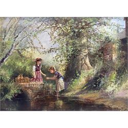 Paul J Attfield (British 1950-): Girls Fishing in a Woodland Stream, oil on canvas signed ...