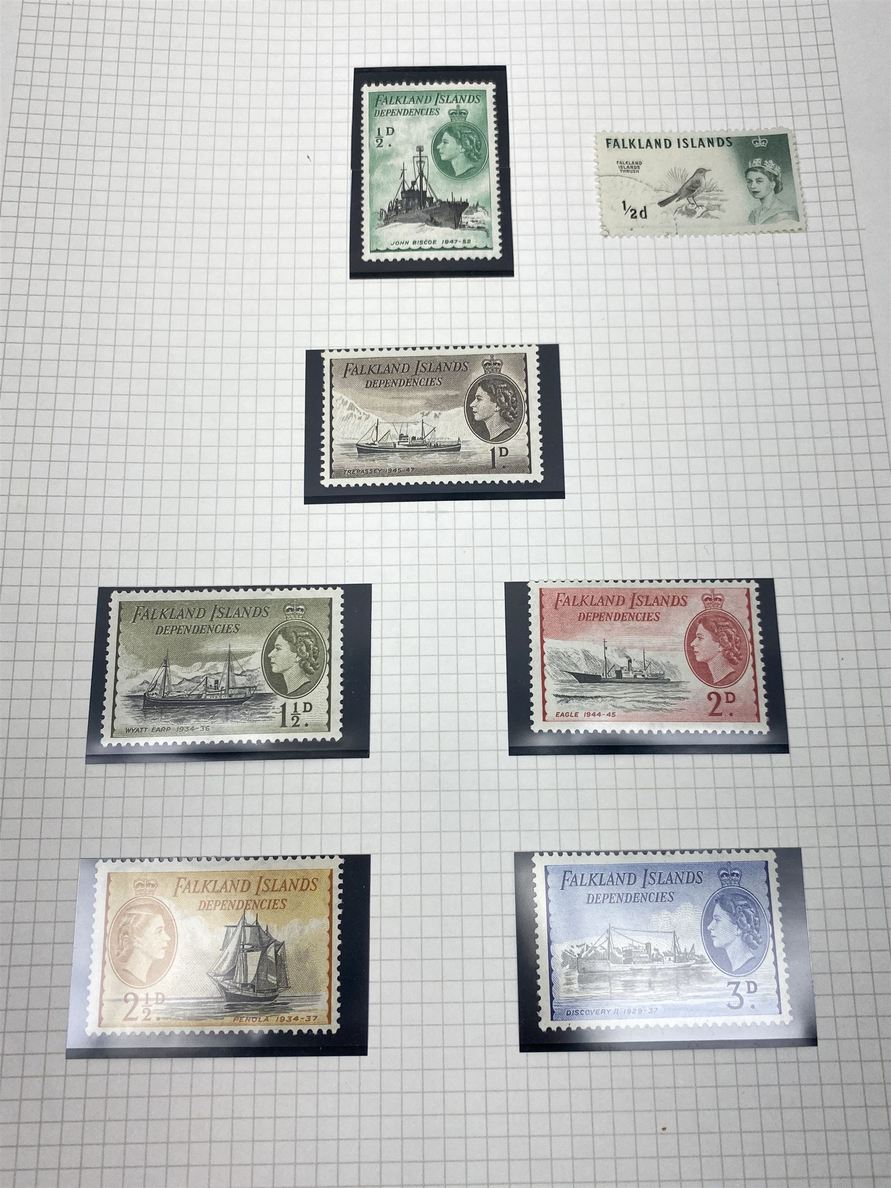 Falkland Islands, King Edward VII and later stamps, including 1904-12 values to one shilling unused, King George V 1912-20 values to five shillings unused etc, housed on pages