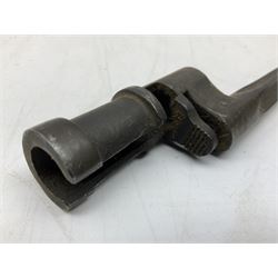 British Pattern 1876 socket bayonet with 43cm steel triangular blade L52cm overall; another socket bayonet with cruciform blade; No.4 Mk.II spike bayonet in metal scabbard with webbing frog; and 1955 Army jack knife by J.H. Thompson Sheffield (4)