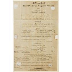 18th century double page handbill for 'Newmarket First Spring Meeting, April 1799' with list of runners and owners etc 31cm x 37cm framed, a single page bill 'Newmarket Third October or Houghton Meeting October 1803', another 'Doncaster Races September 1767' 30cm x 17cm, and another York August Meeting 1806 29cm x 17cm all framed (4) 
Provenance: property of a Nobleman