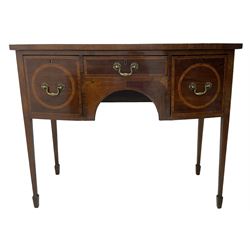 19th century inlaid mahogany bow-front sideboard, satinwood banded top over three drawers, on square tapering supports with spade feet