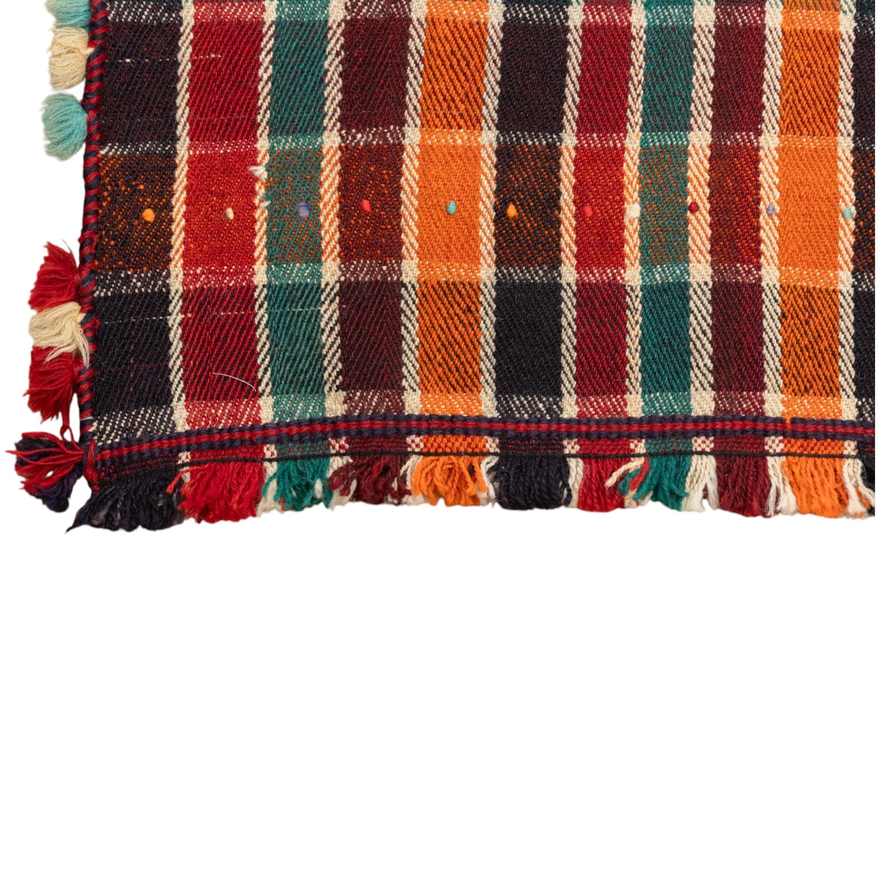 South West Persian Jajim kilim, formed from two joined flatwoven panels, patterned with intersecting stripes in red, orange, green, dark brown and ivory forming a checked design, scattered coloured dot motifs, multicoloured wool tassels along the sides