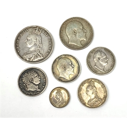 Queen Victoria 1887 half crown coin, 1887 threepence piece and 1888 shilling, George III 1820 shilling, William IIII 1834 shilling, King Edward VII 1910 florin and 1906 shilling (7)