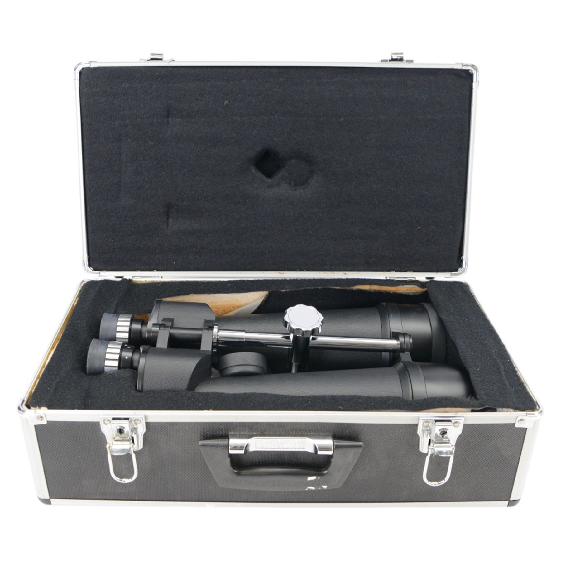 Helios 25 x 100 waterproof binoculars, with lens caps and strap, contained within flight case