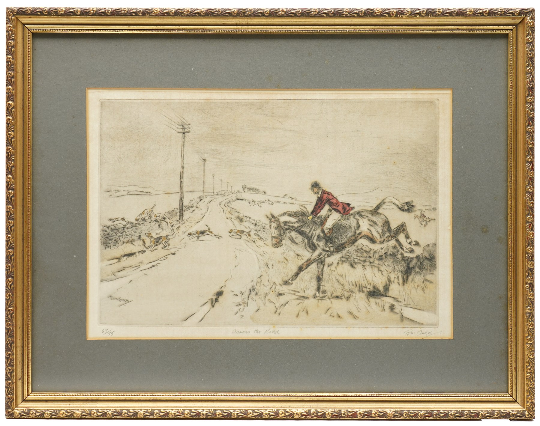 Tom Carr (British 1912-1977): 'Across the Road', limited edition coloured etching signed titled and numbered 67/75 in pencil 25.5cm x 37.5cm; Henry Wilkinson (British 1921-2011): Spaniels Flushing a Woodcock, limited edition coloured etching signed and dated 73/75 in pencil 20cm x 29cm (2)