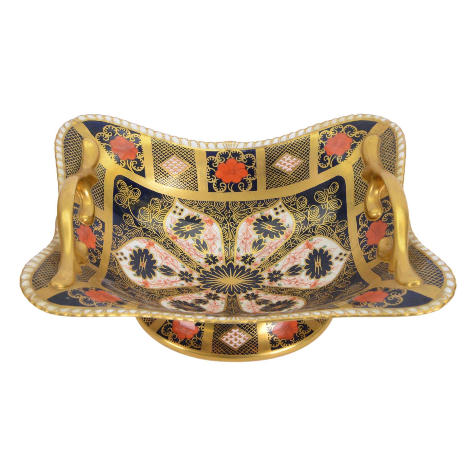Royal Crown Derby Imari 1128 pattern twin handled comport dish, H12cm, L30cm