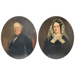 Mrs Richard Hardey (Hannah Maria Hudson) (Hull 1815-1865): George Earle (1782-1863) and Mary Foster - Half Length Portraits, pair oval oils on canvas, the latter signed and dated 1854 verso 74cm x 62cm (2) 

Notes: Hannah Maria Hudson, daughter of Wesleyan Minister Revd. Benjamin Brook Hudson and his wife Hannah, was born in Dumfries in 1815, but soon moved to Barrow upon Humber where her father was a minister. She married Mr Richard Hardey (1816-1889) on 23rd April 1840 and the couple moved to Hull. Hannah worked as a talented, if relatively unknown, portrait painter, working under the name of 'Mrs Richard Hardey'. Sadly, Hannah developed breast cancer and died in January 1865, while Richard went on to work as a successful portrait photographer. 

George Earle Jnr was the son of George Earle Snr (1748-1827), who migrated to Hull c.1777 and established himself as a stonemason, architect and speculative builder, and Mary Hargrave, daughter of stone mason and carver-gilder, Jeremiah Hargrave. George Jnr. married Mary Foster at St Mary's Church, Sculcoates on 19th February 1811, and, alongside his brother Thomas, established a business as Hull merchants who were, for a time, the town's leading importers of slate, stone, and Italian marble. In the 1851 census, he is listed as a 'Merchant, Ship Owner & Cement Manufacturer'. George Jnr's nephews Charles Foster Earle (1819-1870) and William Joel Earle (1824-1871) would go on to found C and W Earle (Earle's Shipbuilding) in 1845, having bought the Junction Foundry from James Livingston who built the first iron steam packet in 1831.