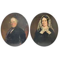 Mrs Richard Hardey (Hannah Maria Hudson) (Hull 1815-1865): George Earle (1782-1863) and Mary Foster - Half Length Portraits, pair oval oils on canvas, the latter signed and dated 1854 verso 74cm x 62cm (2) 

Notes: Hannah Maria Hudson, daughter of Wesleyan Minister Revd. Benjamin Brook Hudson and his wife Hannah, was born in Dumfries in 1815, but soon moved to Barrow upon Humber where her father was a minister. She married Mr Richard Hardey (1816-1889) on 23rd April 1840 and the couple moved to Hull. Hannah worked as a talented, if relatively unknown, portrait painter, working under the name of 'Mrs Richard Hardey'. Sadly, Hannah developed breast cancer and died in January 1865, while Richard went on to work as a successful portrait photographer. 

George Earle Jnr was the son of George Earle Snr (1748-1827), who migrated to Hull c.1777 and established himself as a stonemason, architect and speculative builder, and Mary Hargrave, daughter of stone mason and carver-gilder, Jeremiah Hargrave. George Jnr. married Mary Foster at St Mary's Church, Sculcoates on 19th February 1811, and, alongside his brother Thomas, established a business as Hull merchants who were, for a time, the town's leading importers of slate, stone, and Italian marble. In the 1851 census, he is listed as a 'Merchant, Ship Owner & Cement Manufacturer'. George Jnr's nephews Charles Foster Earle (1819-1870) and William Joel Earle (1824-1871) would go on to found C and W Earle (Earle's Shipbuilding) in 1845, having bought the Junction Foundry from James Livingston who built the first iron steam packet in 1831.