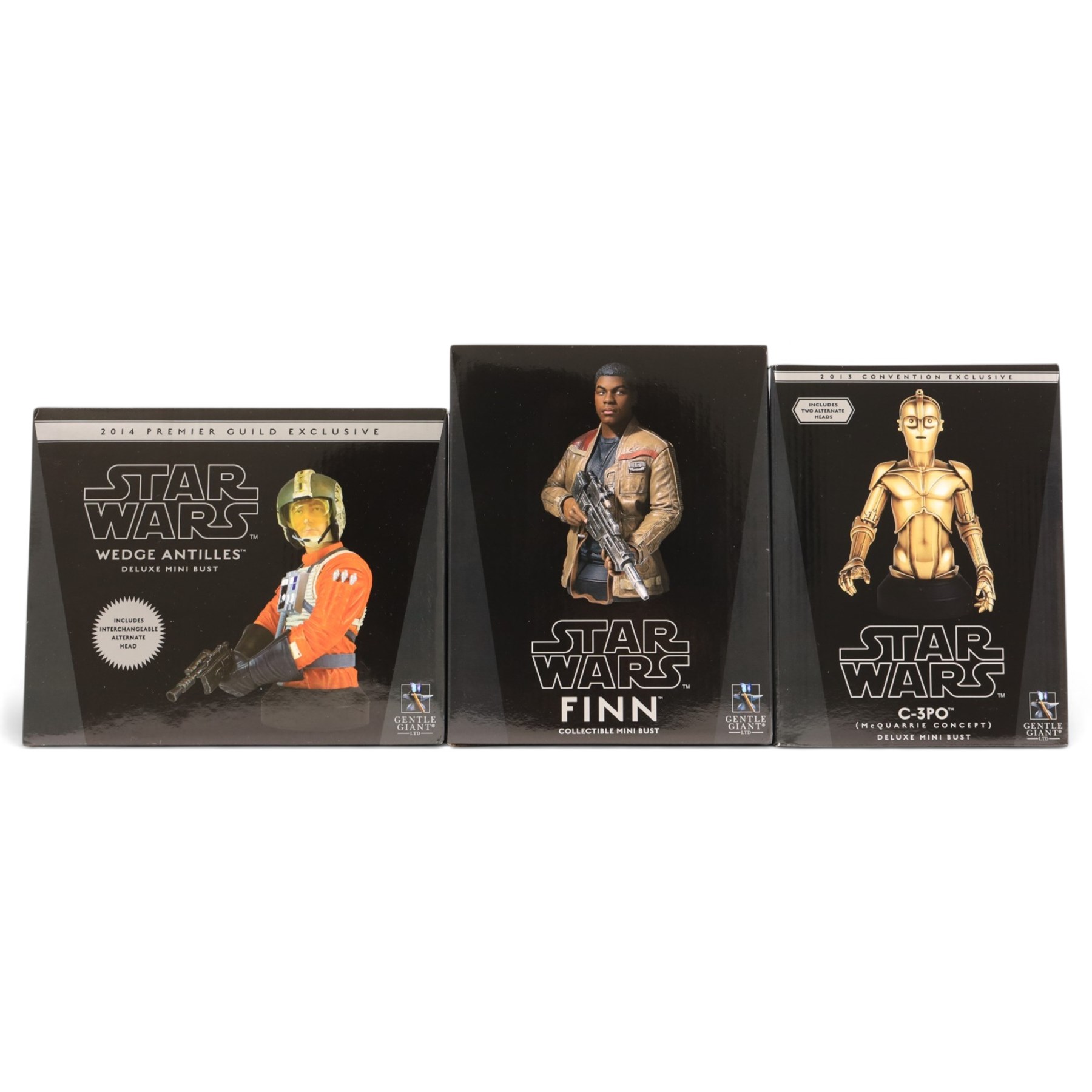 Four Gentle Giant Star Wars busts, comprising 2014 Premier Guild Exclusive Wedge Antilles Deluxe Mini Bust, 2013 Convention Exclusive C-3PO McQuarrie Concept, Finn and Preview Exclusive Chewbacca Mynock Hunt, together with a Master Replicas 501st Legion Clone Trooper Helmet Scaled Replica, all boxed