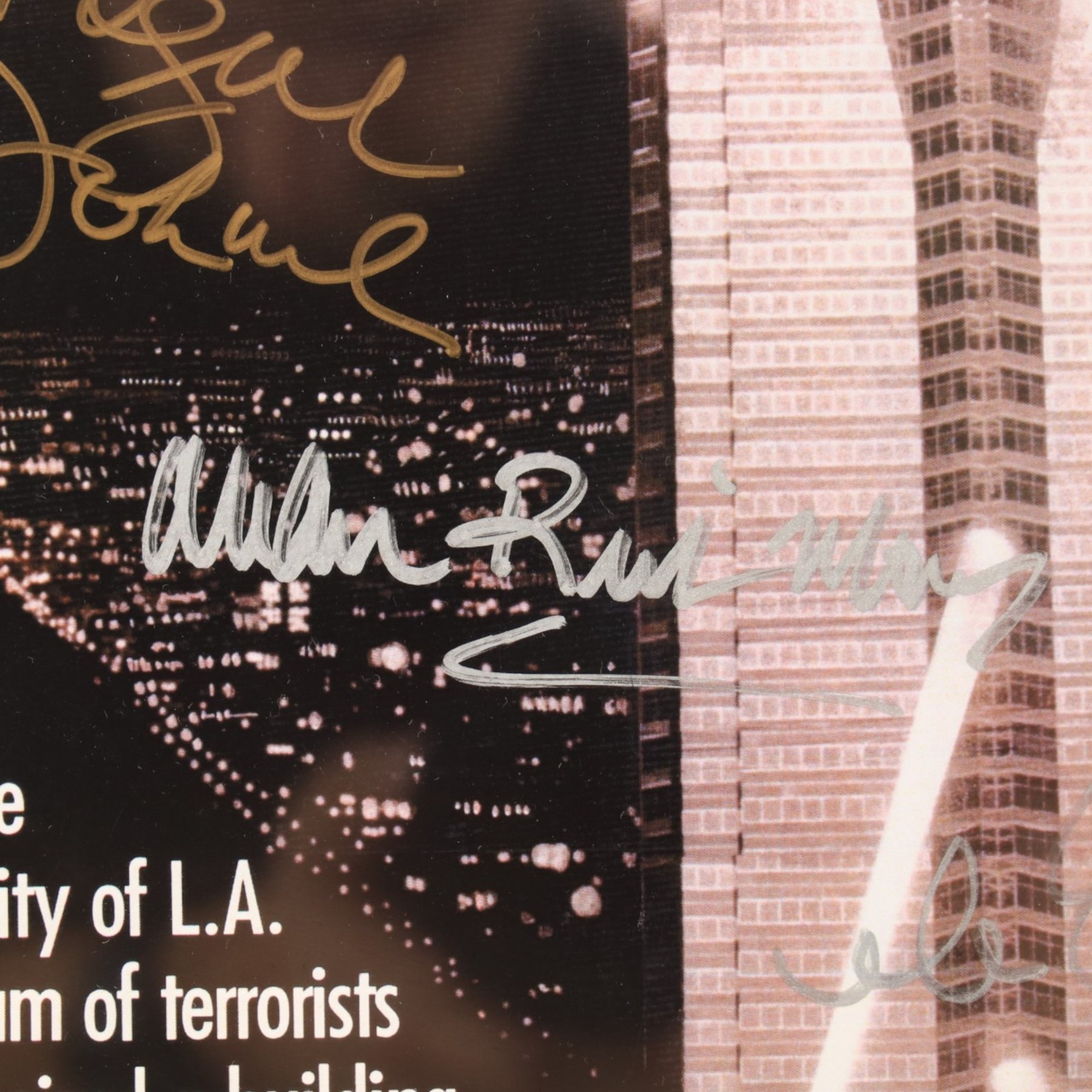 Die Hard (1988) cast signed movie poster, signatures to include Bruce Willis, Bonnie Bedelia, Reginald VelJohnson, William Atherton, Hart Bochner, James Shigeta, Alan Rickman, Bruno Doyon, Andreas Wisniewski and John McTiernan, framed with certificate of authenticity from RICA verso, frame H57cm, W42cm
