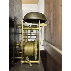 Thomas Gibson of Berwick - oak and mahogany 8-day longcase clock c 1860, with a flat topped pediment and recessed break arch door beneath, free standing pilasters with brass capitals, trunk with quarter columns to the corners and a wavy topped door, on a rectangular oak plinth with a shaped base,  painted dial with floral spandrels and a sporting scene to the break arch, Roman numerals, minute track and subsidiary seconds and date dial's, matching stamped brass hands pinned via a false plate to a rack striking movement, striking the hours on a bell. With weights, pendulum and key.   