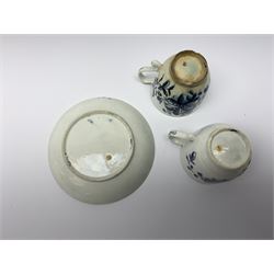 18th century Lowestoft coffee cup and saucer, each decorated in the Sunflower pattern with conforming floral spray, saucer with variant border, cup H6cm, saucer D12cm, together with a further Lowestoft coffee cup, decorated in the Mansfield pattern, circa 1780, H6cm 